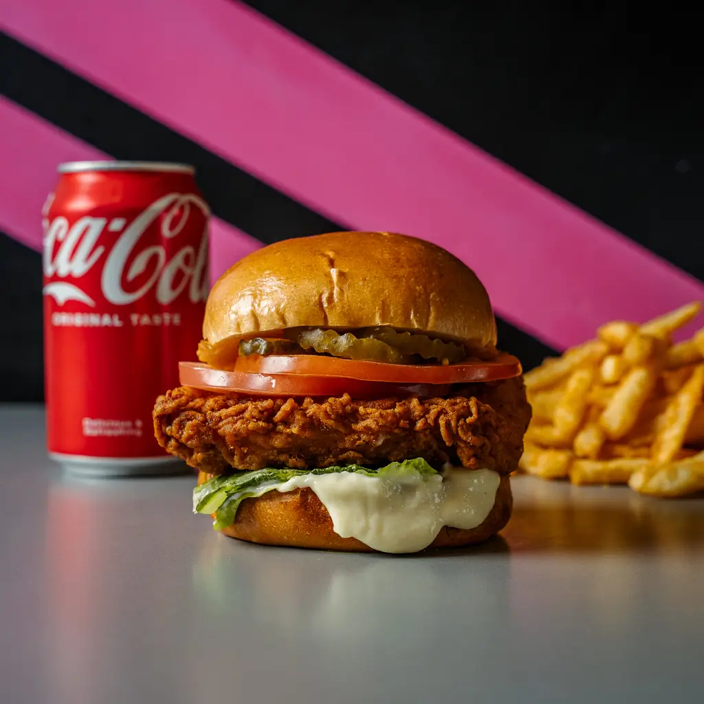 Crispy fried chicken burger with tomato, pickles, lettuce, and melted vegan cheese on a toasted bun, served with fries and a can of Coca-Cola.