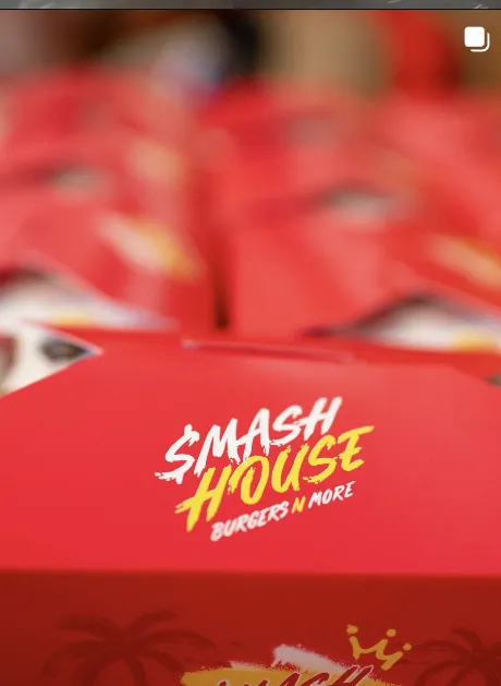 Red box with "Smash House Burgers n More" logo and palm tree design.