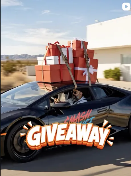 A car loaded with gift boxes drives through a desert landscape under a clear sky.